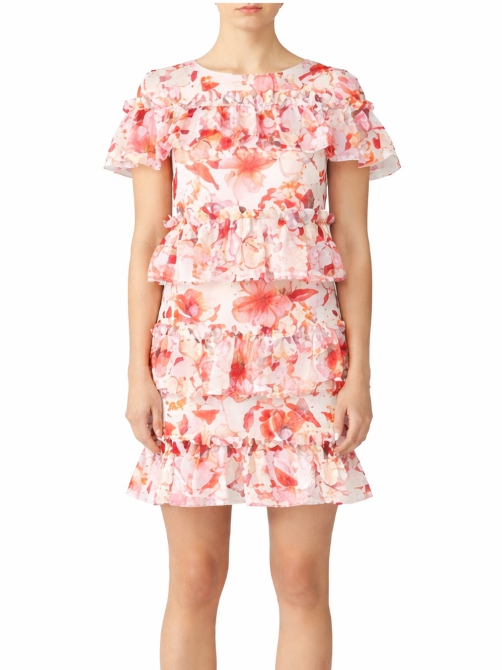 Badgley Mischka Floral Ruffle Tiered Mini Dress Pink Red Romantic Wedding Guest